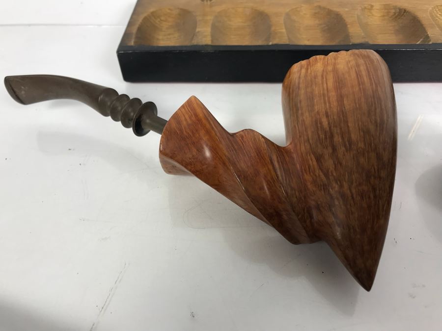 (6) Vintage Wooden Smoking Pipes With Wooden Display Stand Some Pipes Hand Made In Denmark [Photo 4]
