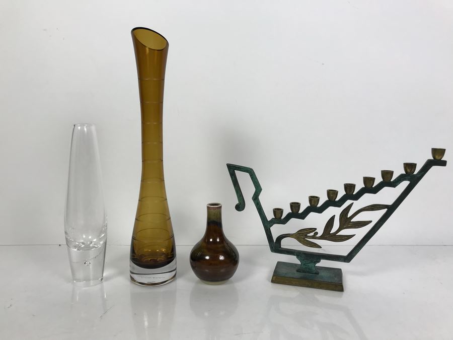 (3) Vases Including Mikasa And Brass Menorah Made In Israel