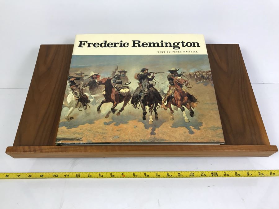 Wooden Book Display Stand With Vintage 1973 Frederic Remington Book By Peter H. Hassrick