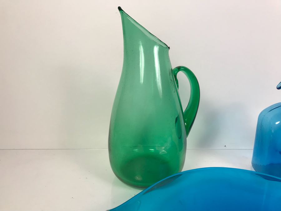 3 Art Glass Pieces Blue And Green