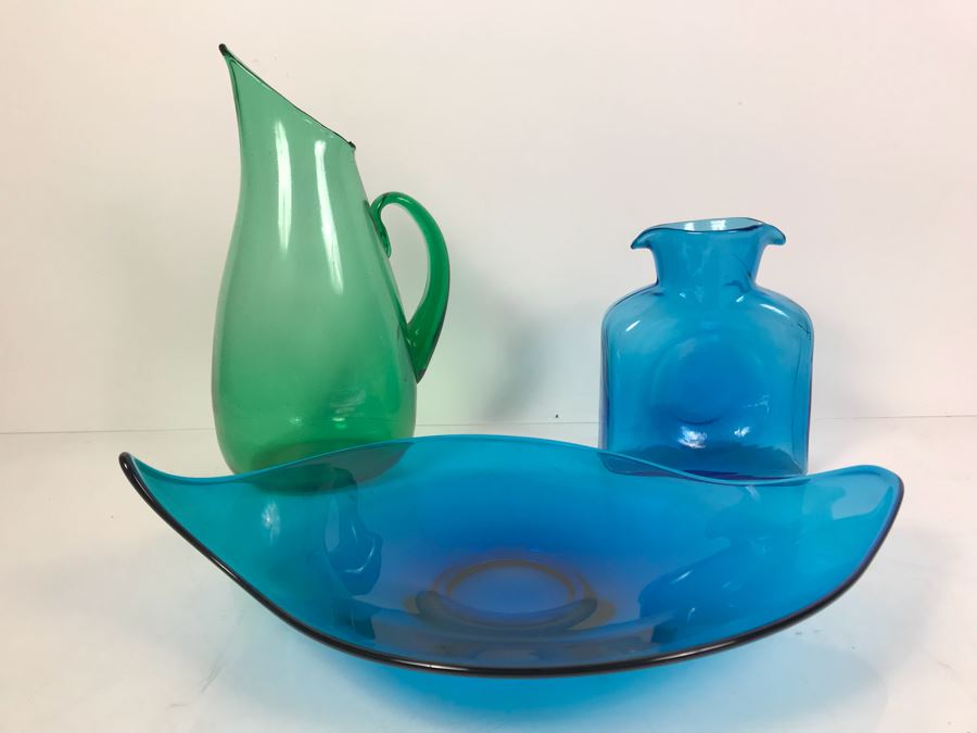(3) Art Glass Pieces Blue And Green