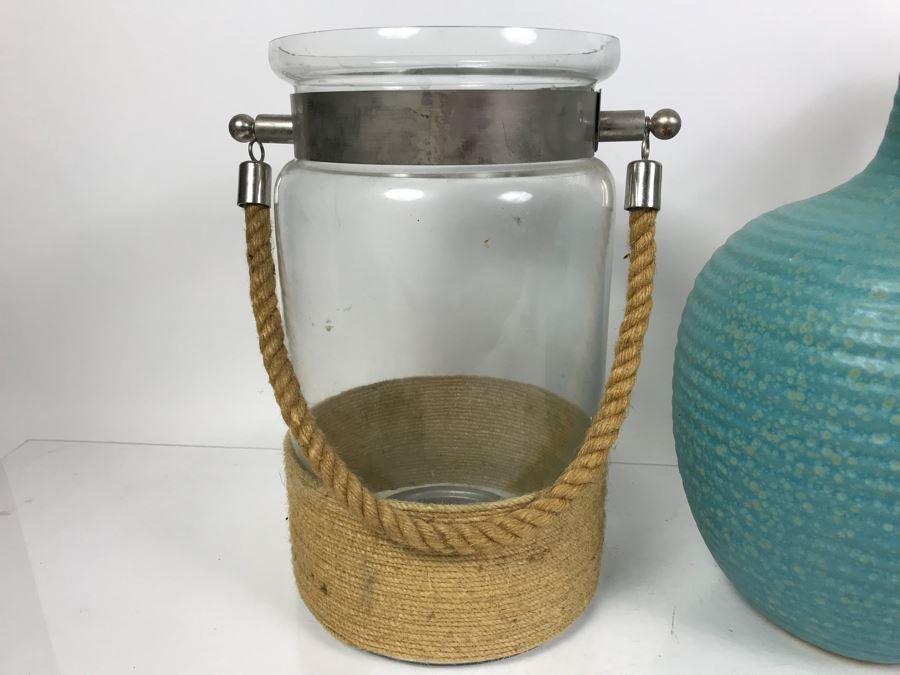 Pair Of Nautical Themed Candle Holders With Rope Handles And West Elm Decorative Blue Vase [Photo 5]