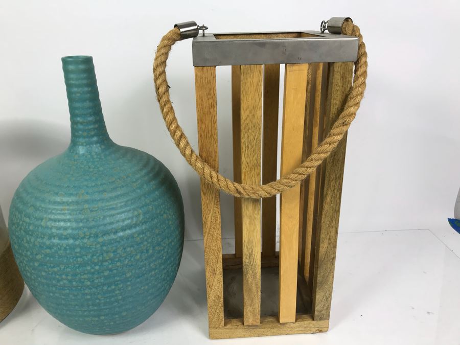 Pair Of Nautical Themed Candle Holders With Rope Handles And West Elm Decorative Blue Vase [Photo 6]