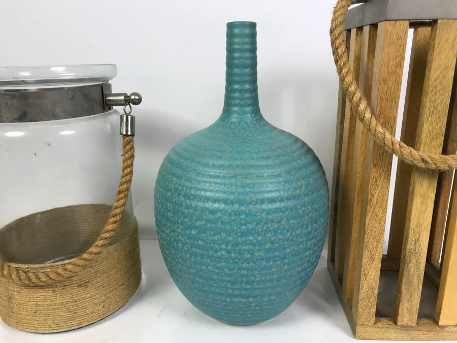 Pair Of Nautical Themed Candle Holders With Rope Handles And West Elm Decorative Blue Vase [Photo 3]