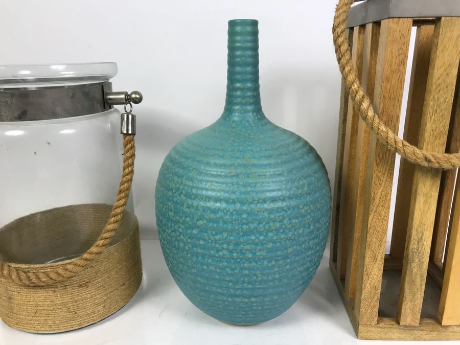 Pair Of Nautical Themed Candle Holders With Rope Handles And West Elm Decorative Blue Vase [Photo 4]