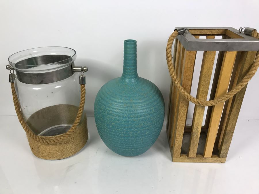 Pair Of Nautical Themed Candle Holders With Rope Handles And West Elm Decorative Blue Vase [Photo 2]