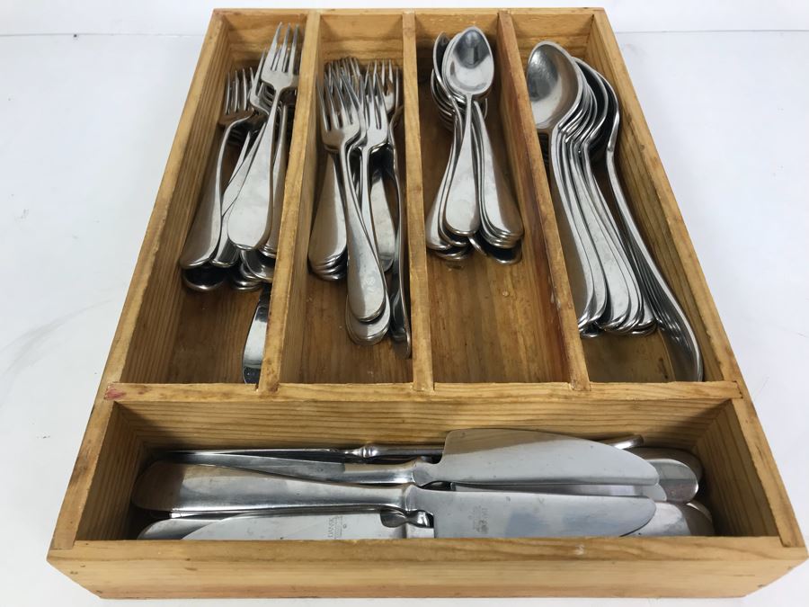 DANSK Stainless Steel Flatware Set Forks, Spoons, Knives With Wooden Silverware Storage Box [Photo 1]