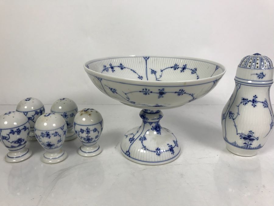 Royal Copenhagen Denmark Blue And White China Footed Bowl 8.5'Dia And Salt And Pepper Shakers