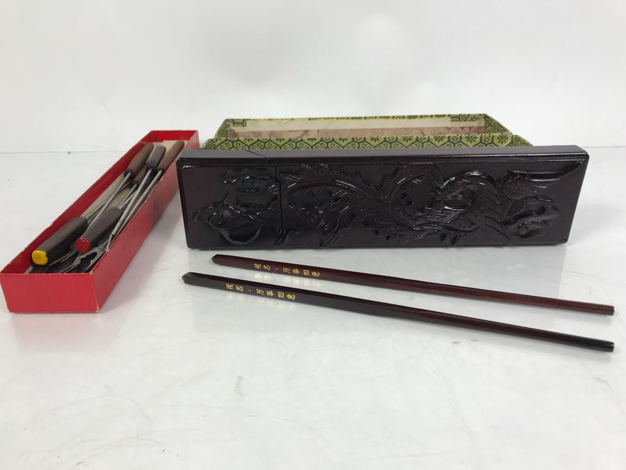 Asian Wooden Chopsticks In Wooden Storage Case And Vintage Fondue Forks [Photo 3]