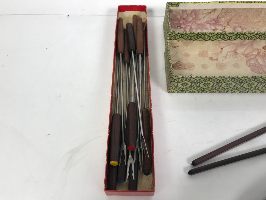 Asian Wooden Chopsticks In Wooden Storage Case And Vintage Fondue Forks [Photo 7]