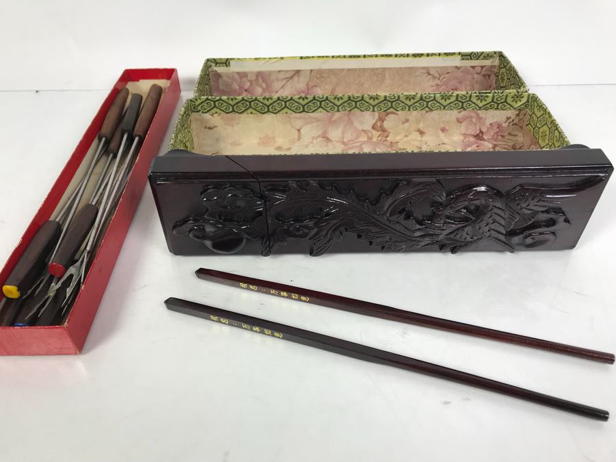Asian Wooden Chopsticks In Wooden Storage Case And Vintage Fondue Forks [Photo 2]