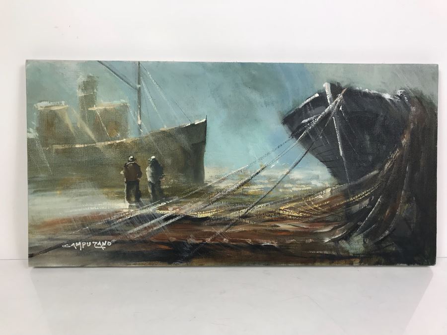 Original Nautical Oil Painting By Jose Campuzano (1918-1979) 24' X 12'