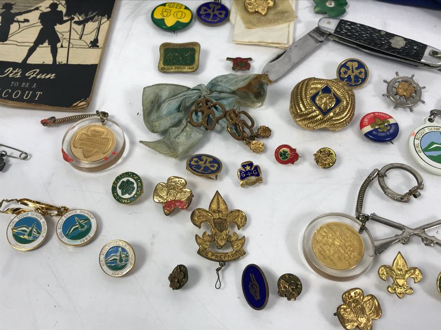 Collection Of Boy Scout And Girl Scout Accessories Including Pins