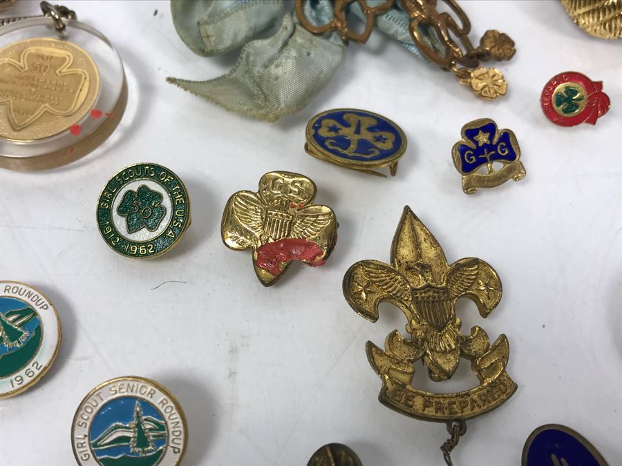 Collection Of Boy Scout And Girl Scout Accessories Including Pins