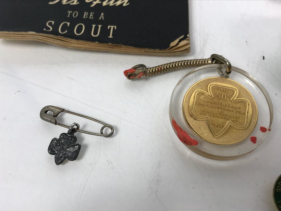 Collection Of Boy Scout And Girl Scout Accessories Including Pins