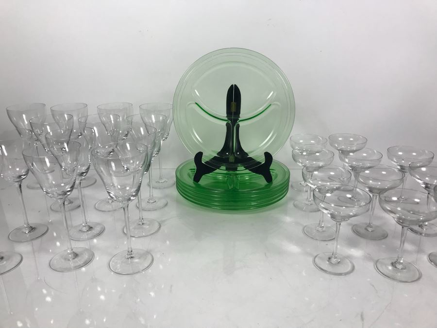 Rosenthal Stemware Glasses And Divided Green Glass Luncheon Plates