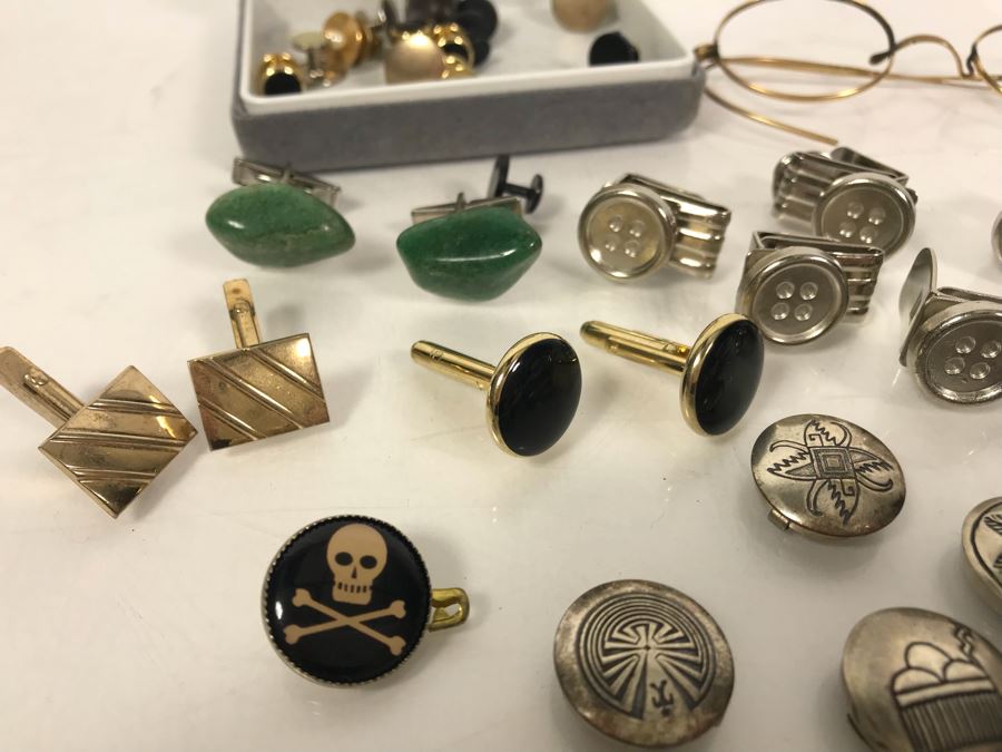 Collection Of Men's Cufflinks, Tie Pins, Buttoncuff Button Covers, Vintage Eyeglass Frames, Herend Hungary Bird Figurine [Photo 4]