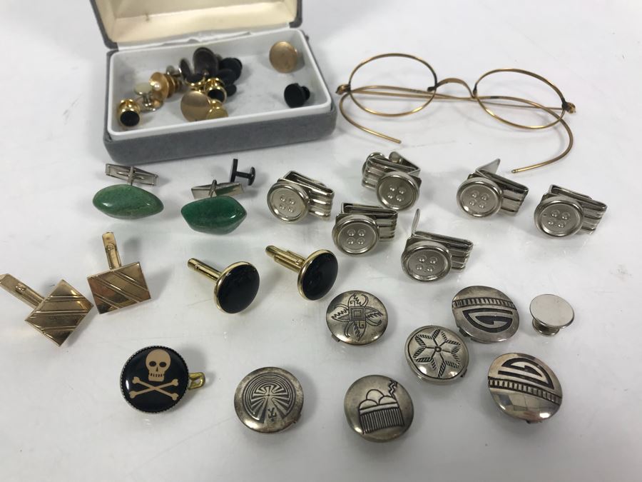Collection Of Men's Cufflinks, Tie Pins, Buttoncuff Button Covers, Vintage Eyeglass Frames, Herend Hungary Bird Figurine [Photo 2]