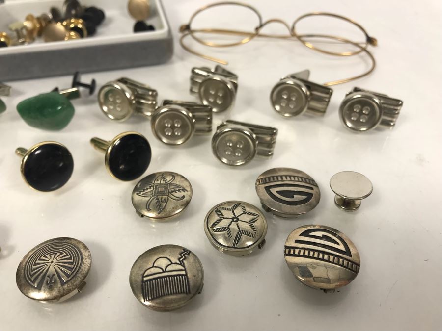 Collection Of Men's Cufflinks, Tie Pins, Buttoncuff Button Covers, Vintage Eyeglass Frames, Herend Hungary Bird Figurine [Photo 3]