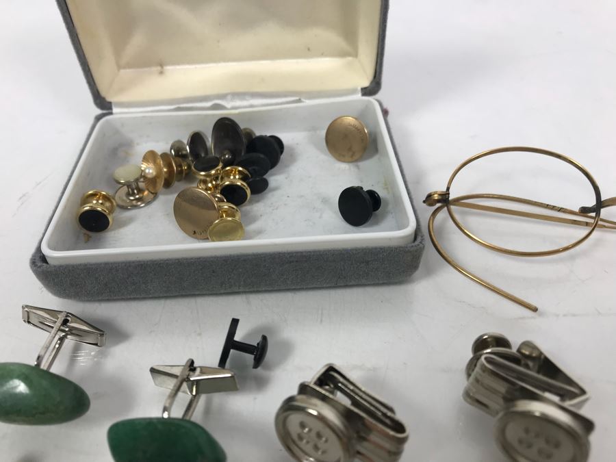 Collection Of Men's Cufflinks, Tie Pins, Buttoncuff Button Covers, Vintage Eyeglass Frames, Herend Hungary Bird Figurine [Photo 5]