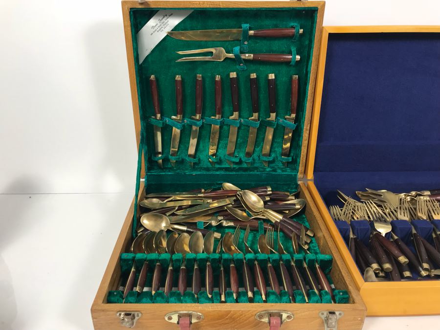 (2) Silverware Boxes Filled With Thailand Flatware Spoons, Forks, Knives Brass With Rosewood Handles [Photo 2]