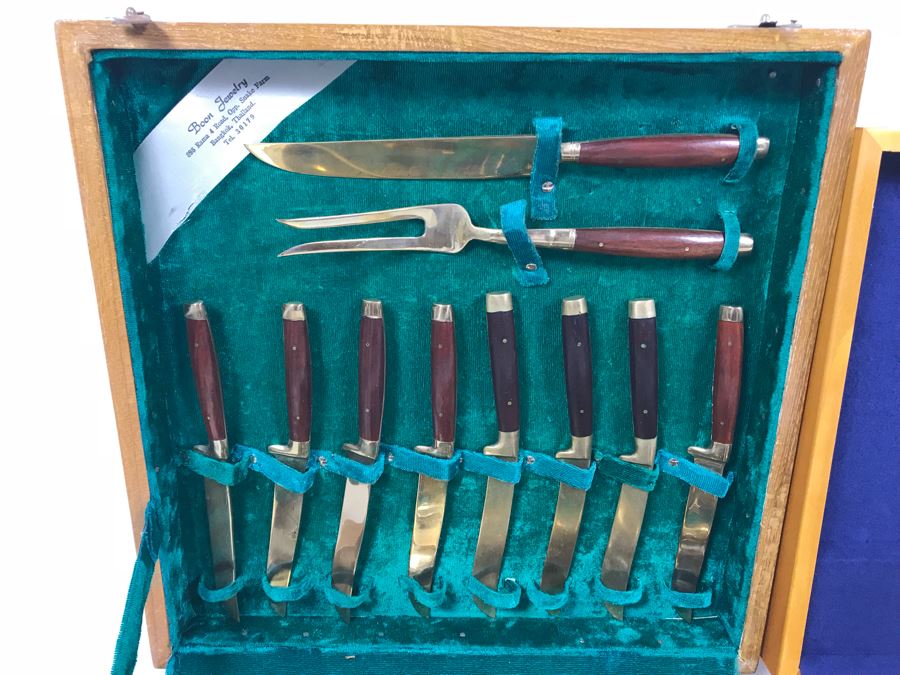 (2) Silverware Boxes Filled With Thailand Flatware Spoons, Forks, Knives Brass With Rosewood Handles [Photo 3]