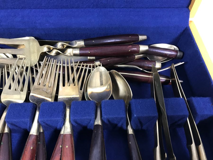 (2) Silverware Boxes Filled With Thailand Flatware Spoons, Forks, Knives Brass With Rosewood Handles [Photo 11]