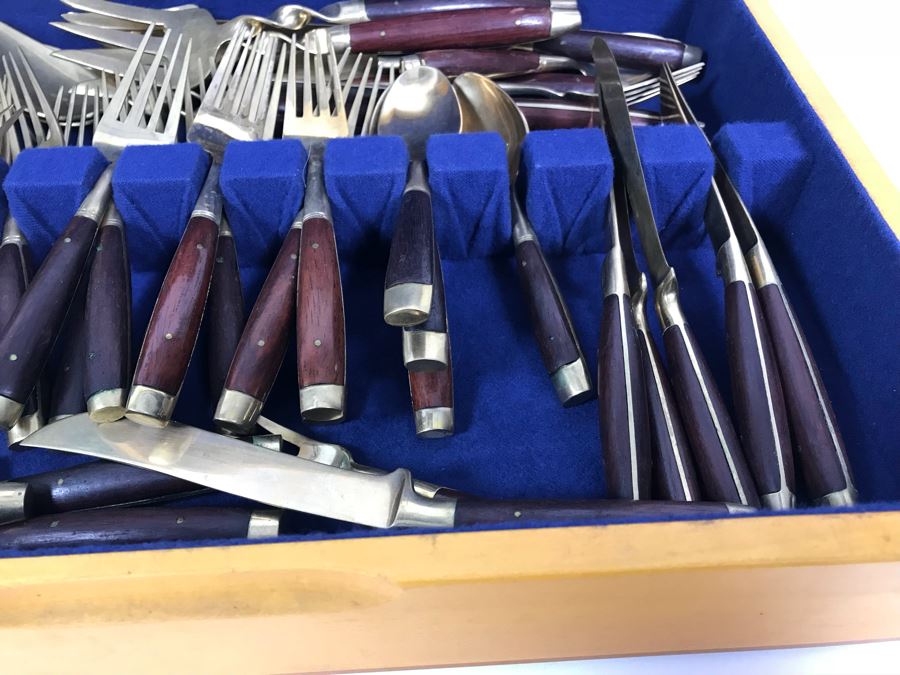 (2) Silverware Boxes Filled With Thailand Flatware Spoons, Forks, Knives Brass With Rosewood Handles [Photo 12]