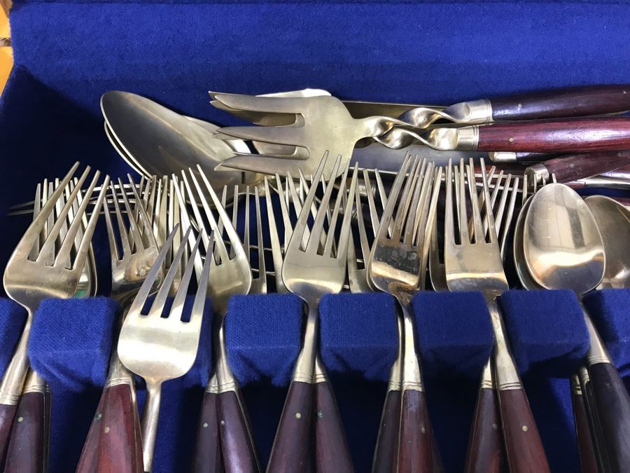 (2) Silverware Boxes Filled With Thailand Flatware Spoons, Forks, Knives Brass With Rosewood Handles [Photo 10]