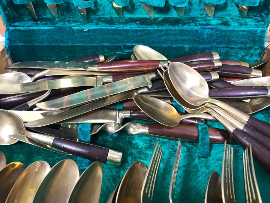 (2) Silverware Boxes Filled With Thailand Flatware Spoons, Forks, Knives Brass With Rosewood Handles [Photo 7]