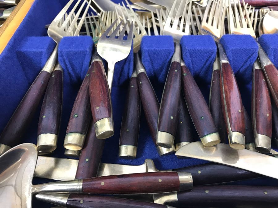 (2) Silverware Boxes Filled With Thailand Flatware Spoons, Forks, Knives Brass With Rosewood Handles [Photo 9]