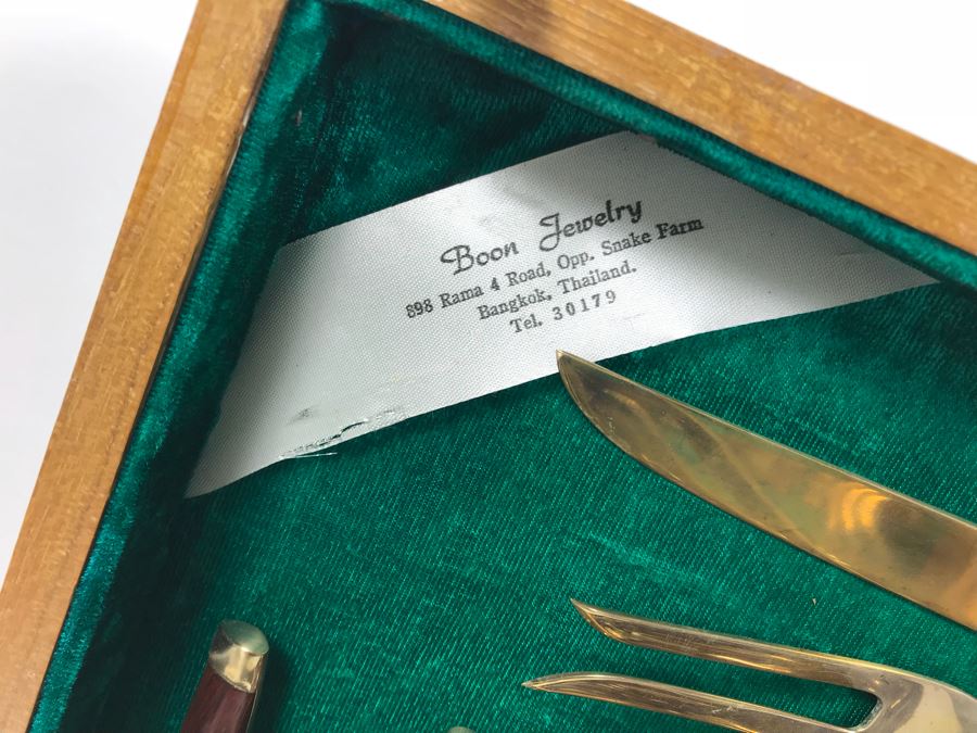 (2) Silverware Boxes Filled With Thailand Flatware Spoons, Forks, Knives Brass With Rosewood Handles [Photo 4]