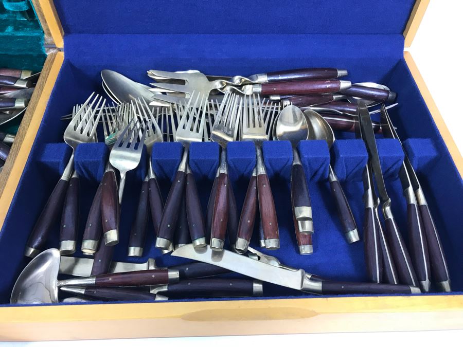 (2) Silverware Boxes Filled With Thailand Flatware Spoons, Forks, Knives Brass With Rosewood Handles [Photo 8]