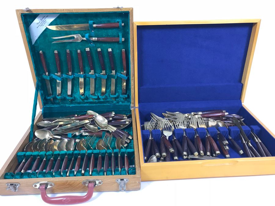 (2) Silverware Boxes Filled With Thailand Flatware Spoons, Forks, Knives Brass With Rosewood Handles [Photo 1]