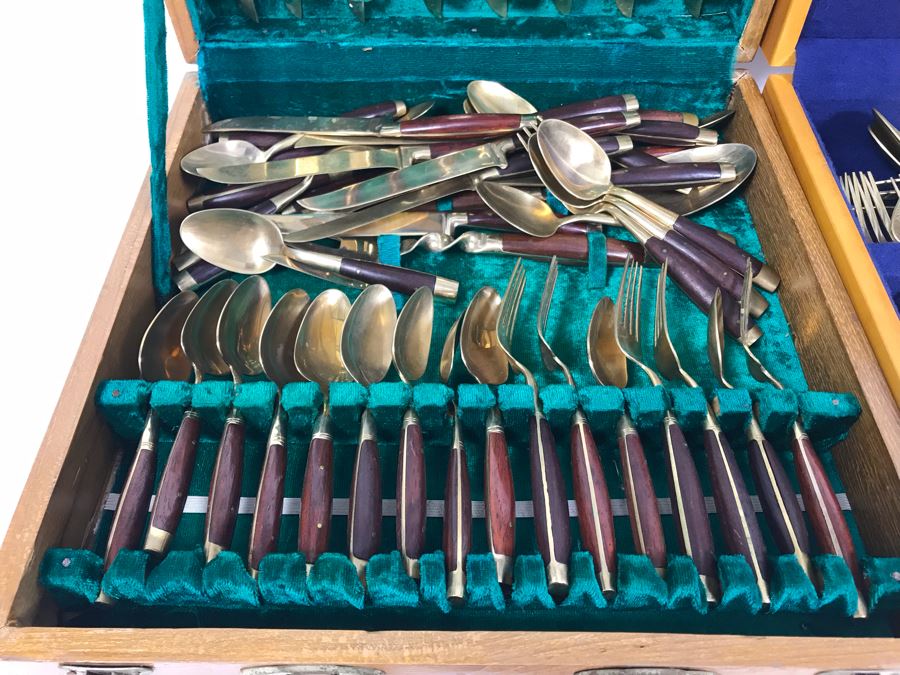 (2) Silverware Boxes Filled With Thailand Flatware Spoons, Forks, Knives Brass With Rosewood Handles [Photo 5]