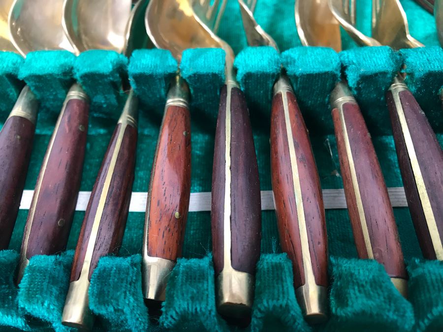 (2) Silverware Boxes Filled With Thailand Flatware Spoons, Forks, Knives Brass With Rosewood Handles [Photo 6]