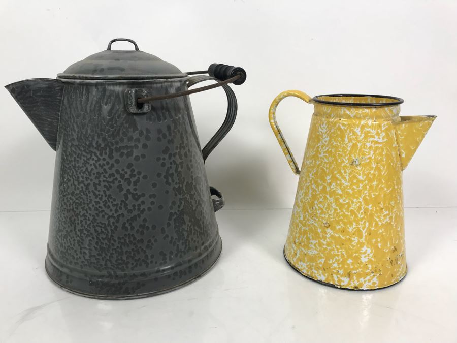 Vintage Graniteware Enamelware Kettle And Pitcher