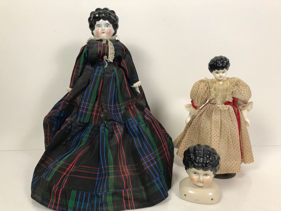Pair Of Vintage Porcelain Head Dolls With Porcelain Doll Head