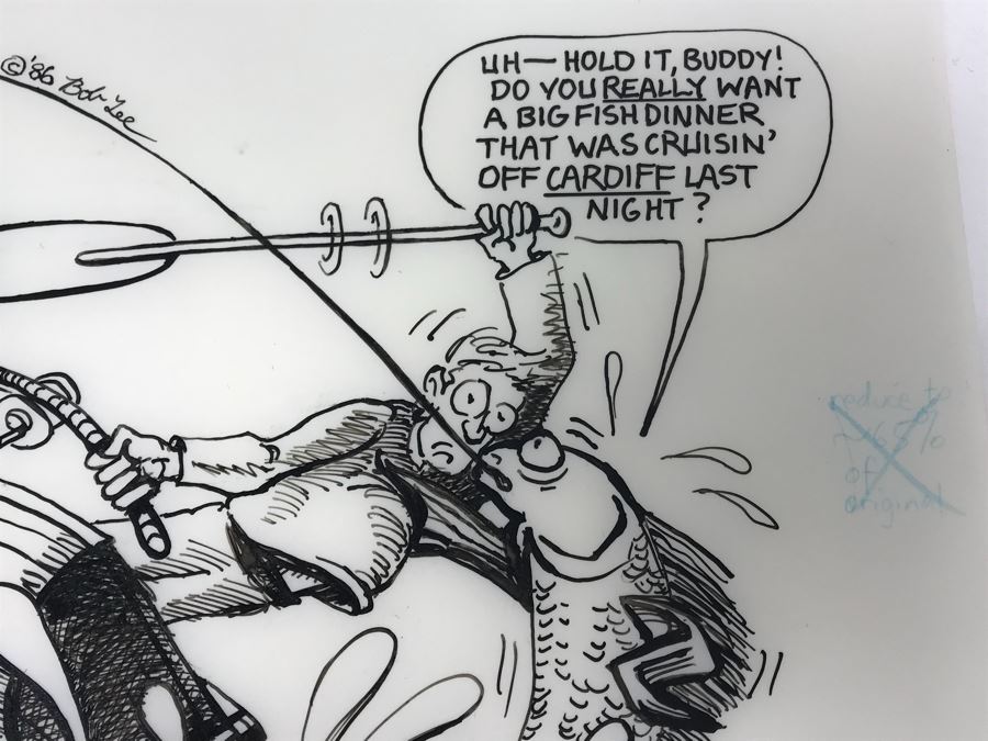 Original Illustration By Local Artist Bob Lee Featuring Cardiff Reef Fisherman Pollution Commentary 11' X 9' [Photo 3]