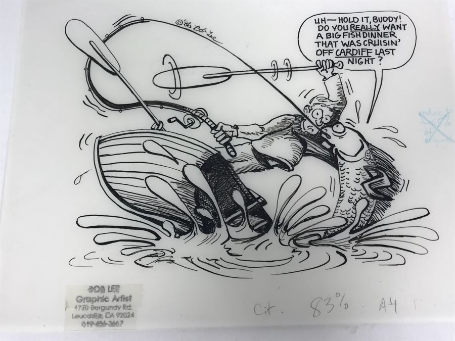 Original Illustration By Local Artist Bob Lee Featuring Cardiff Reef Fisherman Pollution Commentary 11' X 9' [Photo 2]