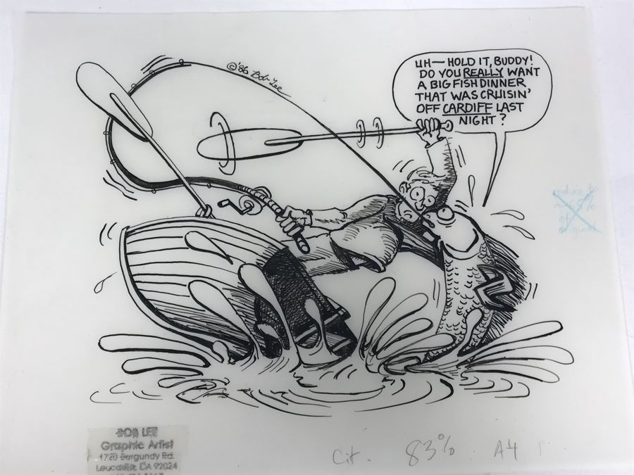 Original Illustration By Local Artist Bob Lee Featuring Cardiff Reef Fisherman Pollution Commentary 11' X 9' [Photo 1]