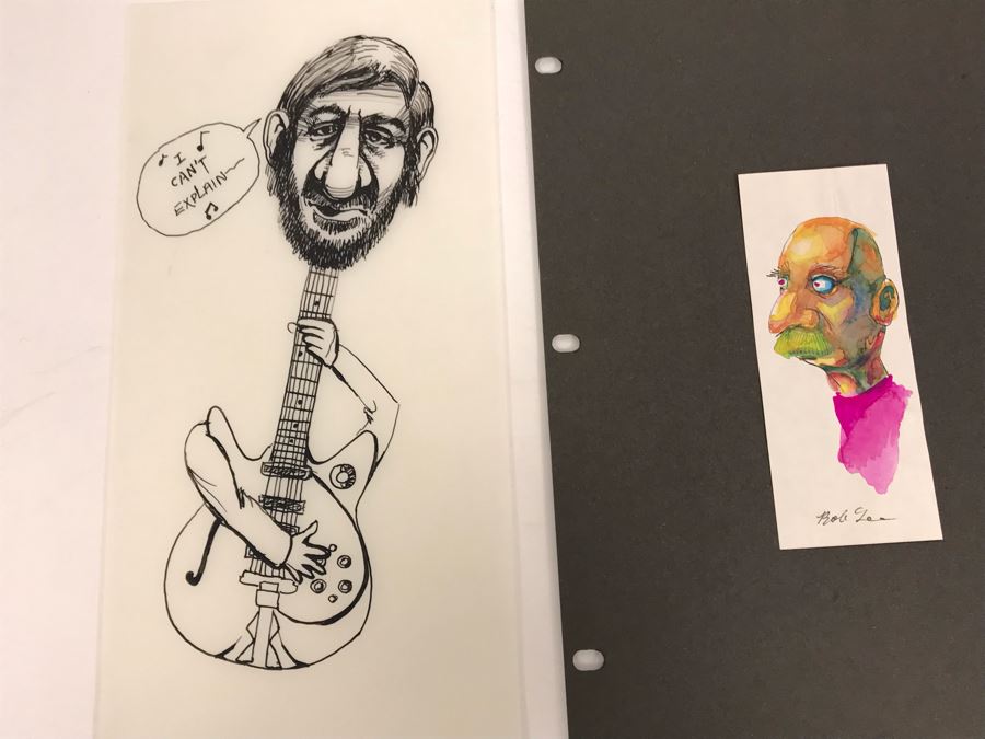 Pair Of Original Illustrations By Local Artist Bob Lee Featuring The Who's Pete Townshend