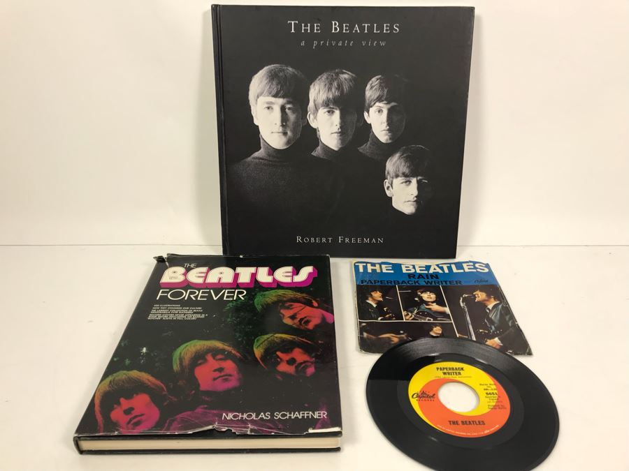 (2) Beatles Coffee Table Books: The Beatles A Private View Robert Freeman And The Beatles Forever Nicholas Schaffner And Capital Records 45 Paperback Writer And Rain Record [Photo 1]