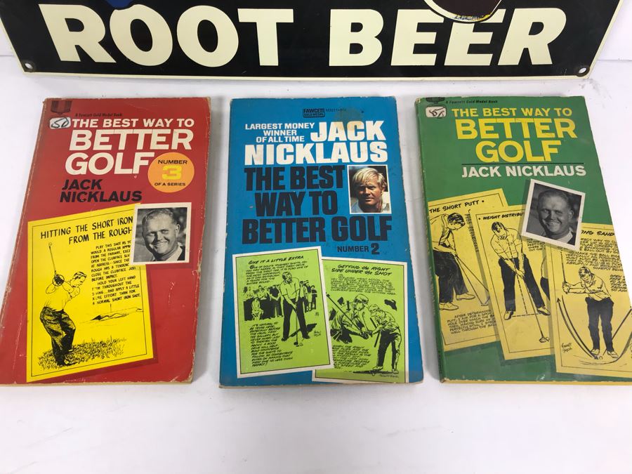 Reproduction Ted's Creamy Root Beer Baseball Motif Metal Sign And (3) Jack Nicklaus Paperback Golf Instruction Books [Photo 3]