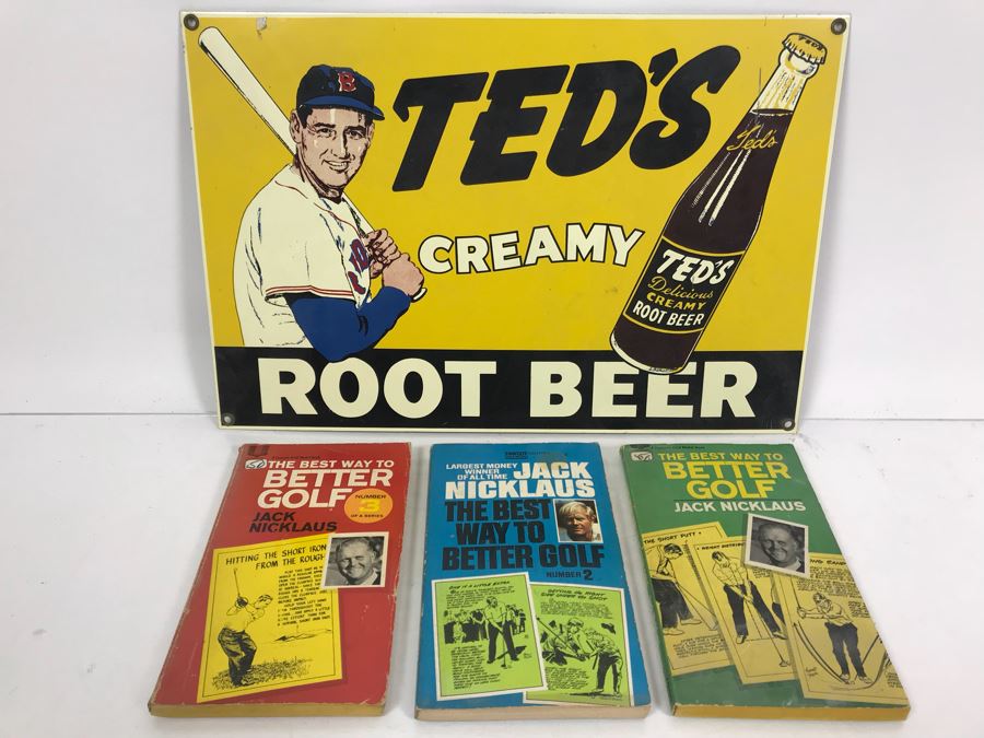 Reproduction Ted's Creamy Root Beer Baseball Motif Metal Sign And (3) Jack Nicklaus Paperback Golf Instruction Books