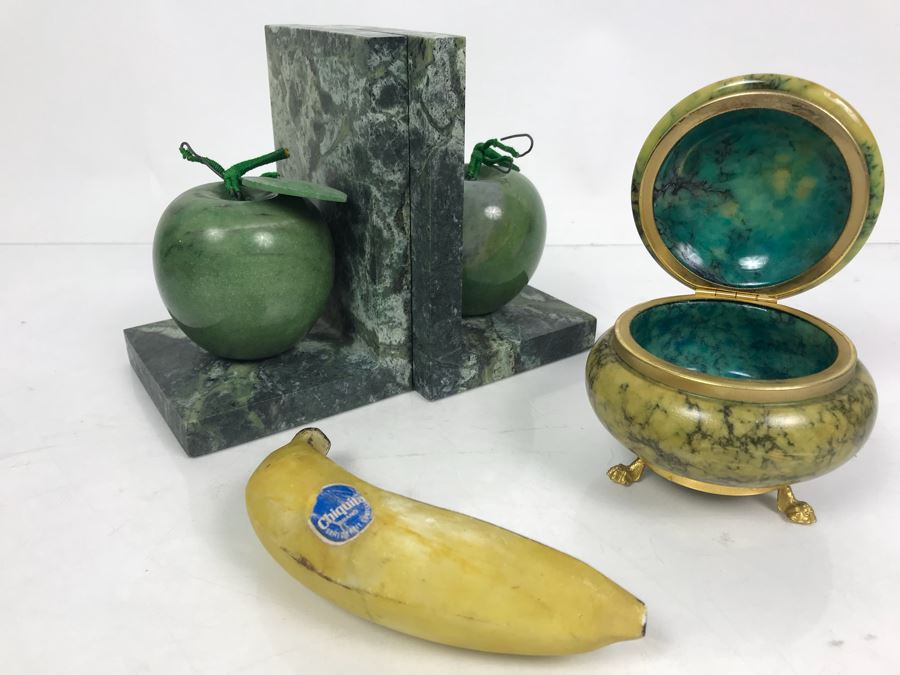 Pair Of Marble Apple Bookends, Marble Footed Trinket Box And Metal Faux Banana [Photo 1]