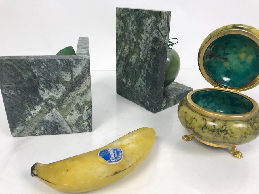 Pair Of Marble Apple Bookends, Marble Footed Trinket Box And Metal Faux Banana [Photo 6]