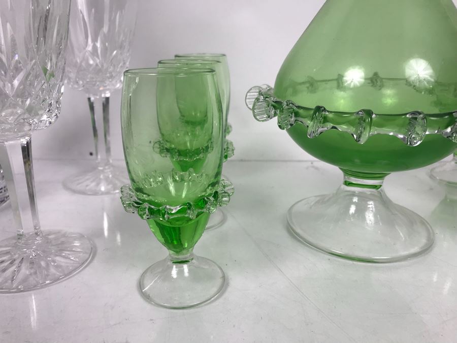 Waterford Crystal Decanter With (4) Stemware Glasses And Green Art Glass Decanter With Set Of (6) Green Stemware Glasses [Photo 4]