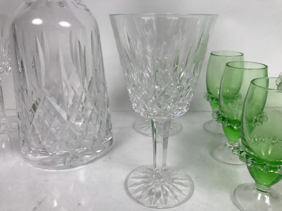 Waterford Crystal Decanter With (4) Stemware Glasses And Green Art Glass Decanter With Set Of (6) Green Stemware Glasses [Photo 7]