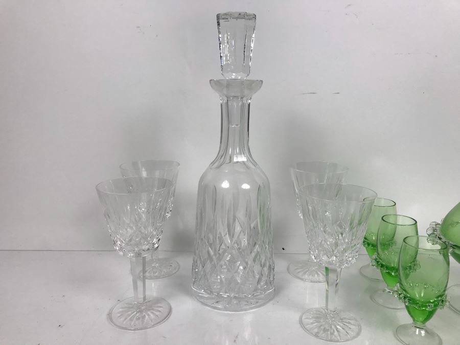 Waterford Crystal Decanter With (4) Stemware Glasses And Green Art Glass Decanter With Set Of (6) Green Stemware Glasses [Photo 5]